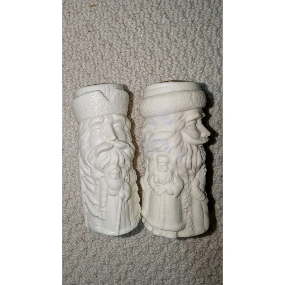 Vintage Ceramic Old World Santa Claus Taper Candle Holder X 2 White